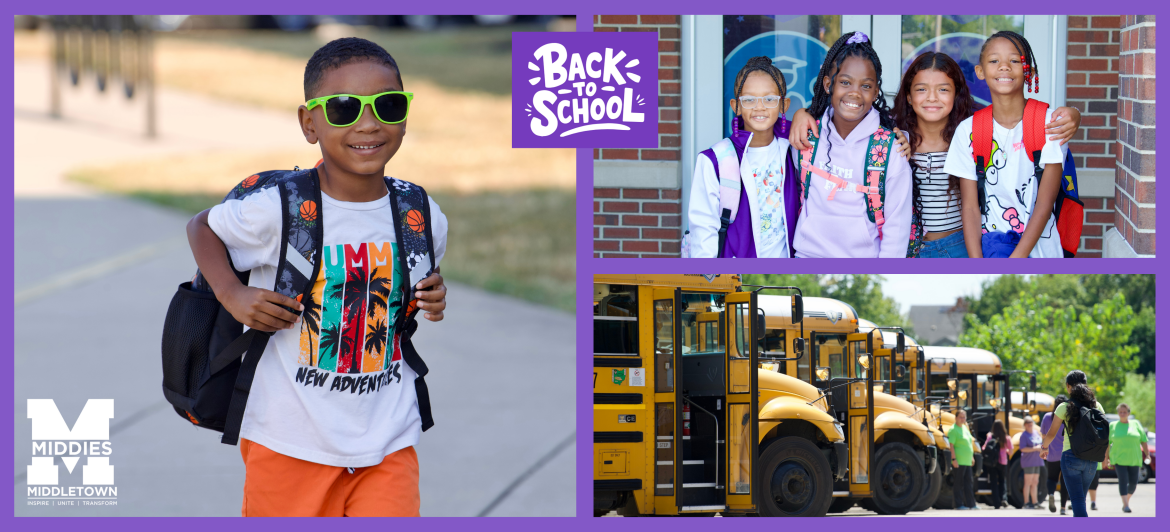Two photos of students entering school, one photo of buses lined up at MHS